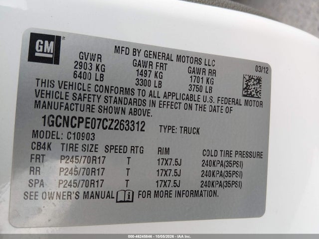 46245846 :رقم المزاد ، 1GCNCPE07CZ263312 vin ، 2012 Chevrolet Silverado 1500 Work Truck مزاد بيع