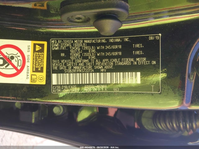 Продаж на аукціоні авто 2019 Toyota Highlander Le Plus, vin: 5TDBZRFH1KS722724, номер лоту: 46245876