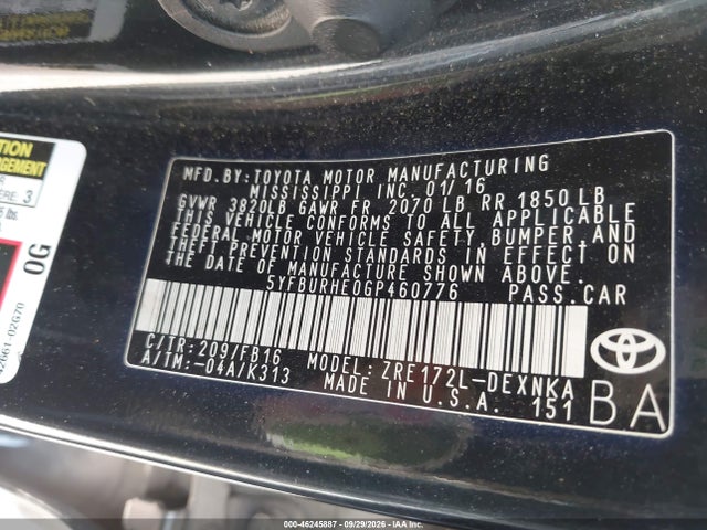 46245887 :رقم المزاد ، 5YFBURHE0GP460776 vin ، 2016 Toyota Corolla Le مزاد بيع