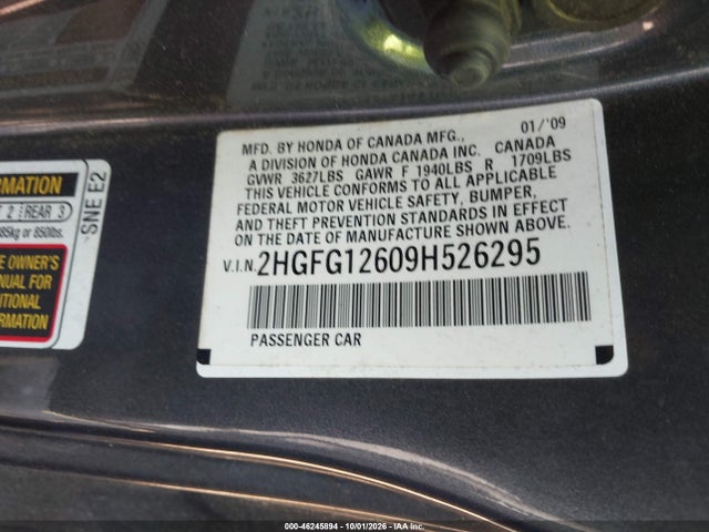 Продаж на аукціоні авто 2009 Honda Civic Lx, vin: 2HGFG12609H526295, номер лоту: 46245894