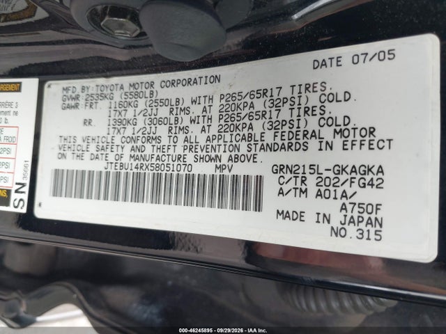 Продажа на аукционе авто 2005 Toyota 4runner Sr5 V6, vin: JTEBU14RX58051070, номер лота: 46245895