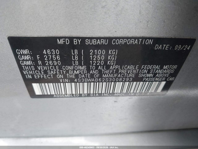 46245903 :رقم المزاد ، 4S3BWAB62S3008293 vin ، 2025 Subaru Legacy مزاد بيع
