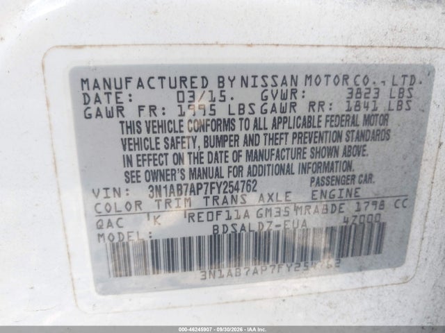46245907 :رقم المزاد ، 3N1AB7AP7FY254762 vin ، 2015 Nissan Sentra Sv مزاد بيع