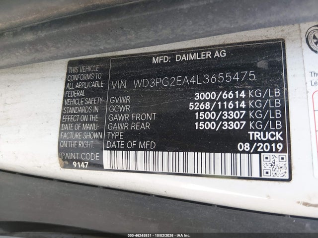 Продаж на аукціоні авто 2020 Mercedes-benz Metris, vin: WD3PG2EA4L3655475, номер лоту: 46245931