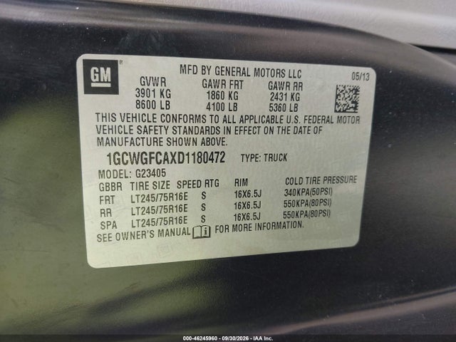 46245960 :رقم المزاد ، 1GCWGFCAXD1180472 vin ، 2013 Chevrolet Express 2500 Work Van مزاد بيع