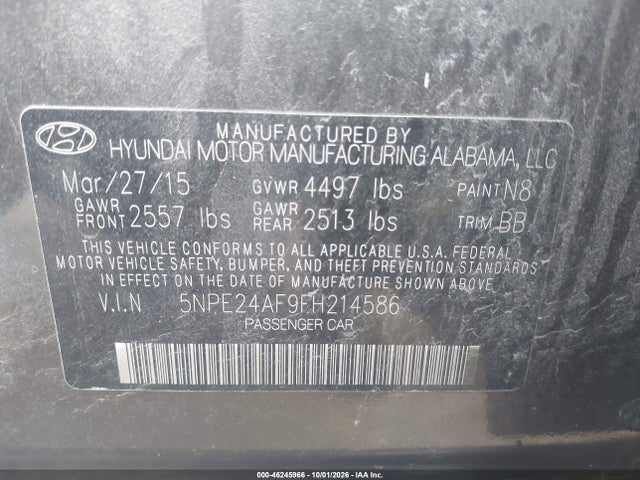 Aukcja sprzedaży 2015 Hyundai Sonata Se, vin: 5NPE24AF9FH214586, numer aukcji: 46245966