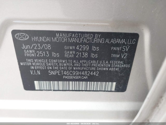 46245969 :رقم المزاد ، 5NPET46C99H482442 vin ، 2009 Hyundai Sonata Gls مزاد بيع