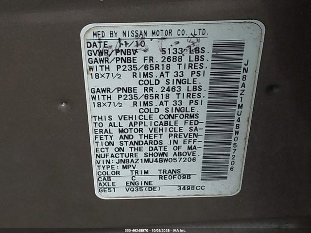 Продаж на аукціоні авто 2011 Nissan Murano S, vin: JN8AZ1MU4BW057206, номер лоту: 46245970