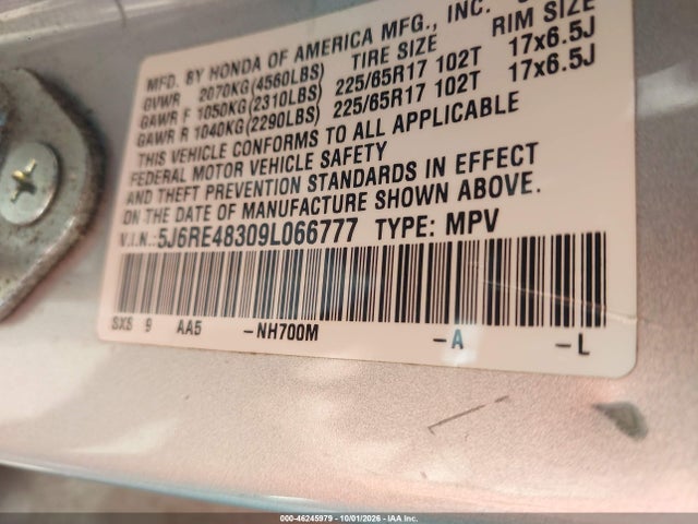 Auction sale of the 2009 Honda Cr-v Lx, vin: 5J6RE48309L066777, lot number: 46245979