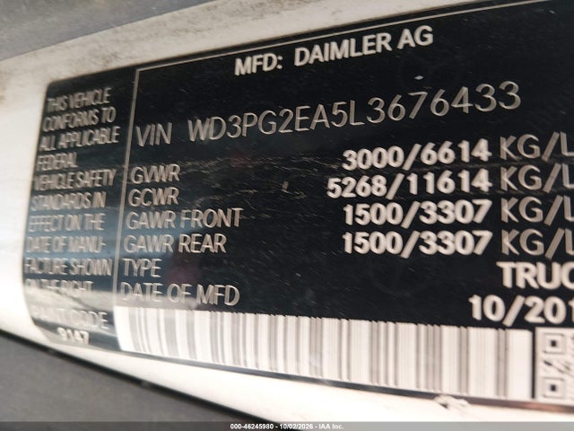 Aukcja sprzedaży 2020 Mercedes-benz Metris, vin: WD3PG2EA5L3676433, numer aukcji: 46245980