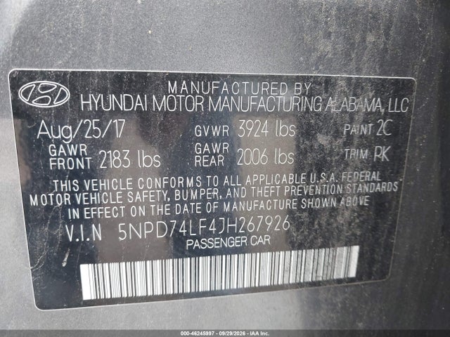 2018 Hyundai Elantra Se მანქანა იყიდება აუქციონზე, vin: 5NPD74LF4JH267926, აუქციონის ნომერი: 46245997