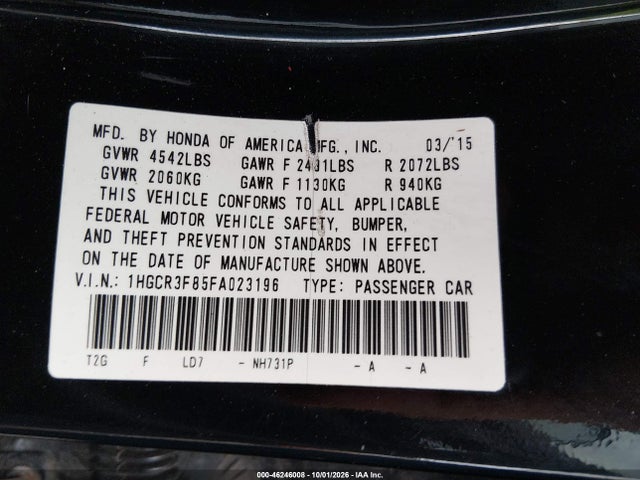 46246008 :رقم المزاد ، 1HGCR3F85FA023196 vin ، 2015 Honda Accord Ex-l V-6 مزاد بيع