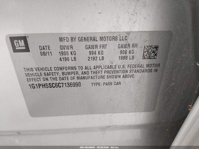 Продаж на аукціоні авто 2012 Chevrolet Cruze Ltz, vin: 1G1PH5SC6C7136990, номер лоту: 46246009