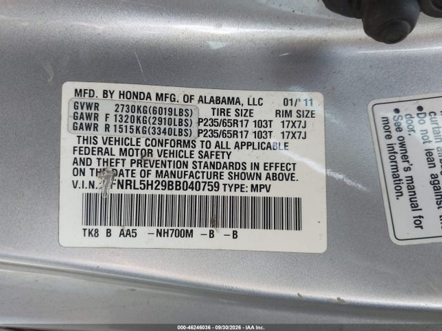 Aukcja sprzedaży 2011 Honda Odyssey Lx, vin: 5FNRL5H29BB040759, numer aukcji: 46246036