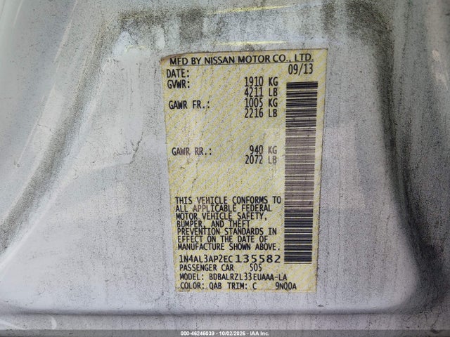 Продаж на аукціоні авто 2014 Nissan Altima 2.5 S, vin: 1N4AL3AP2EC135582, номер лоту: 46246039