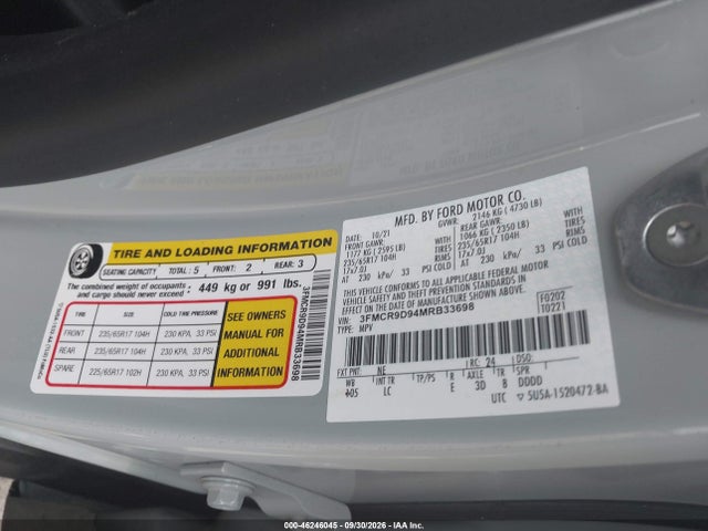 46246045 :رقم المزاد ، 3FMCR9D94MRB33698 vin ، 2021 Ford Bronco Sport Badlands مزاد بيع
