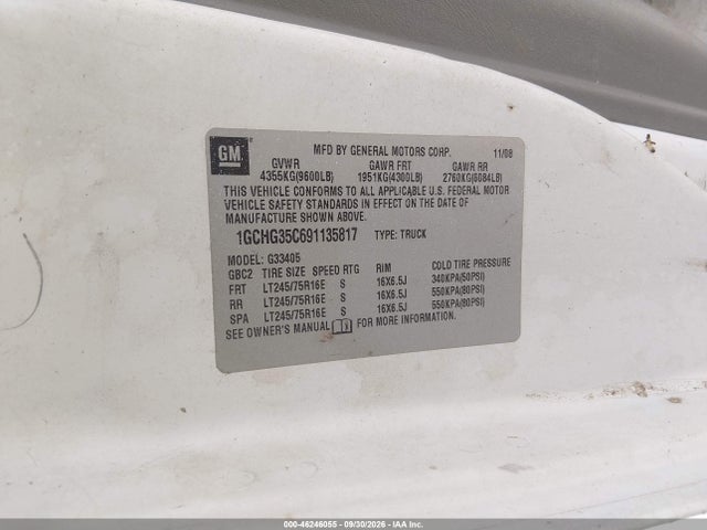 2009 Chevrolet Express 3500 Work Van მანქანა იყიდება აუქციონზე, vin: 1GCHG35C691135817, აუქციონის ნომერი: 46246055