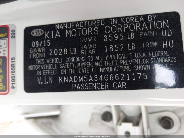 2016 Kia Rio Lx მანქანა იყიდება აუქციონზე, vin: KNADM5A34G6621175, აუქციონის ნომერი: 46246058