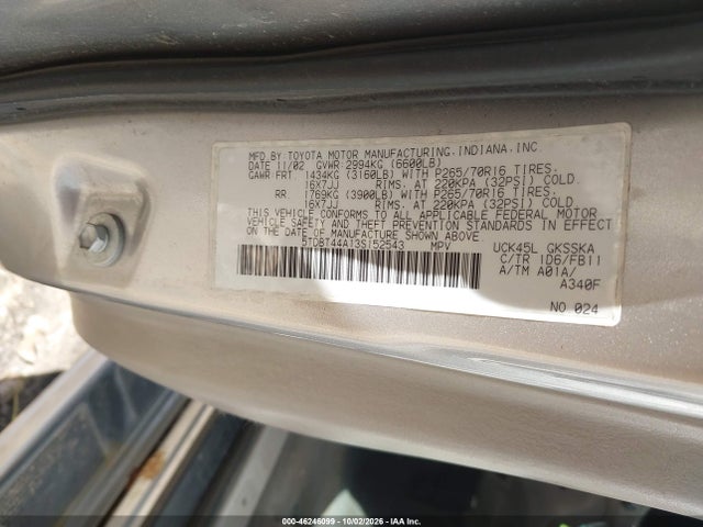 Продаж на аукціоні авто 2003 Toyota Sequoia Sr5 V8, vin: 5TDBT44A13S152543, номер лоту: 46246099