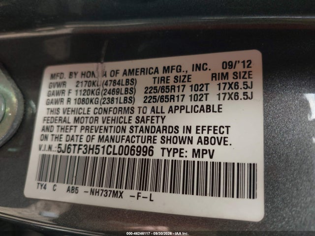Продажа на аукционе авто 2012 Honda Crosstour 2.4 Ex-l, vin: 5J6TF3H51CL006996, номер лота: 46246117