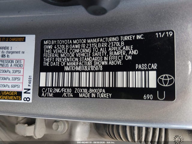 46246119 :رقم المزاد ، NMTKHMBX8LR105078 vin ، 2020 Toyota C-hr Xle مزاد بيع