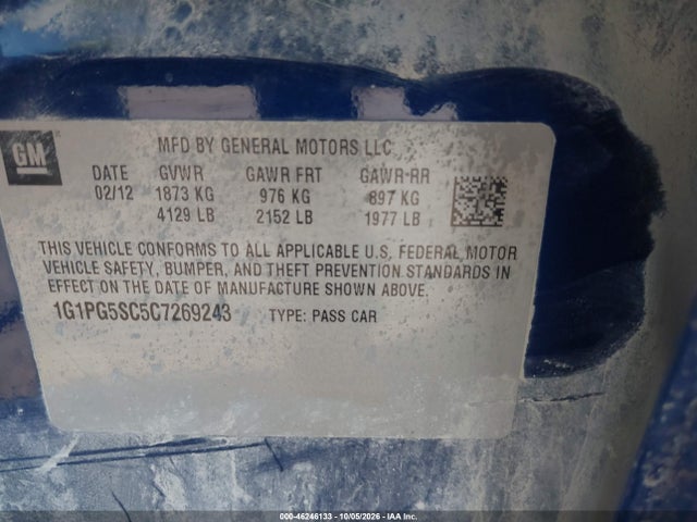 Aukcja sprzedaży 2012 Chevrolet Cruze 2lt, vin: 1G1PG5SC5C7269243, numer aukcji: 46246133