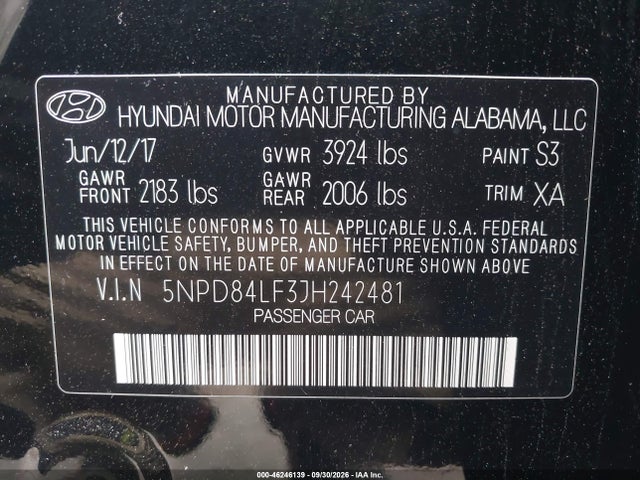 46246139 :رقم المزاد ، 5NPD84LF3JH242481 vin ، 2018 Hyundai Elantra Sel مزاد بيع