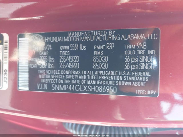 Aukcja sprzedaży 2025 Hyundai Santa Fe Limited, vin: 5NMP44GLXSH086950, numer aukcji: 46246156