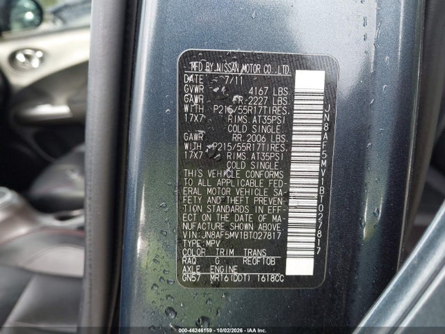 2011 Nissan Juke Sl მანქანა იყიდება აუქციონზე, vin: JN8AF5MV1BT027817, აუქციონის ნომერი: 46246159