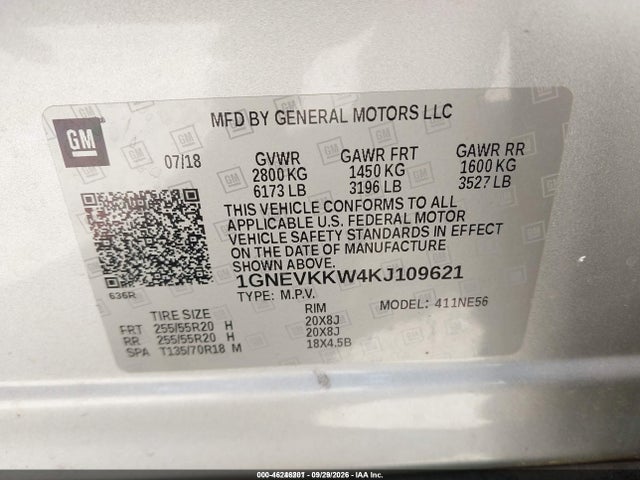 Aukcja sprzedaży 2019 Chevrolet Traverse Premier, vin: 1GNEVKKW4KJ109621, numer aukcji: 46246201