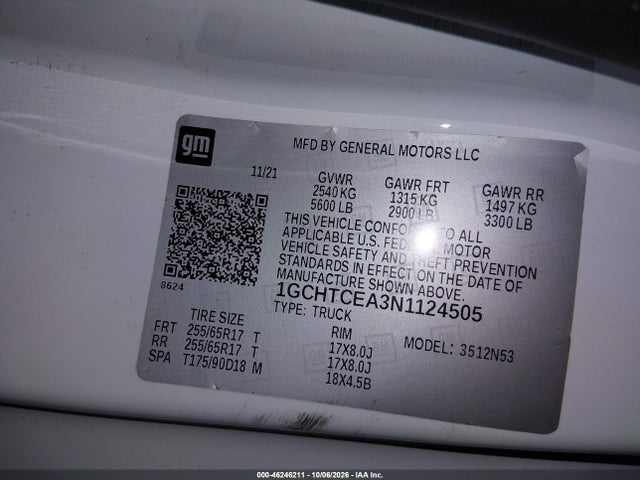 46246211 :رقم المزاد ، 1GCHTCEA3N1124505 vin ، 2022 Chevrolet Colorado مزاد بيع