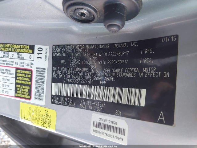 2015 Toyota Sienna Le 8 Passenger მანქანა იყიდება აუქციონზე, vin: 5TDKK3DC5FS577301, აუქციონის ნომერი: 46246212