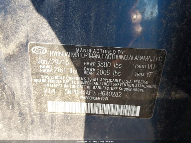 Продажа на аукционе авто 2015 Hyundai Elantra Limited, vin: 5NPDH4AE2FH640282, номер лота: 46246230