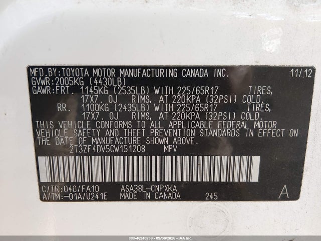 2012 Toyota Rav4 მანქანა იყიდება აუქციონზე, vin: 2T3ZF4DV5CW151208, აუქციონის ნომერი: 46246239
