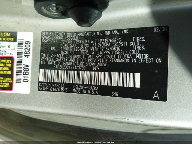 2008 Toyota Sienna Le მანქანა იყიდება აუქციონზე, vin: 5TDZK23C48S173709, აუქციონის ნომერი: 46246245