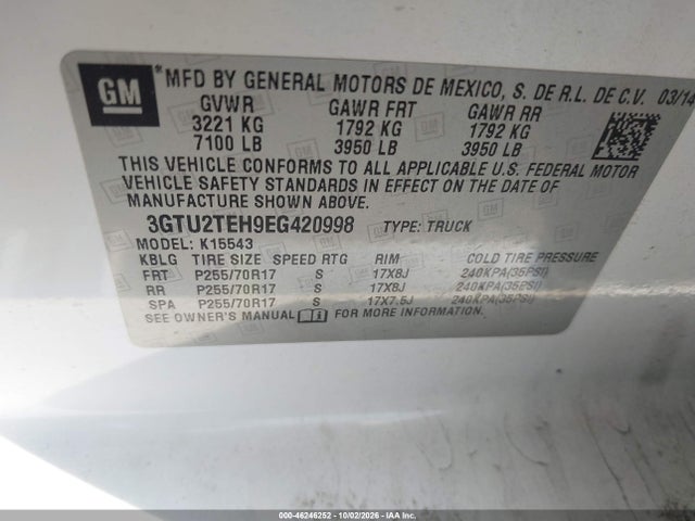 2014 Gmc Sierra 1500 მანქანა იყიდება აუქციონზე, vin: 3GTU2TEH9EG420998, აუქციონის ნომერი: 46246252