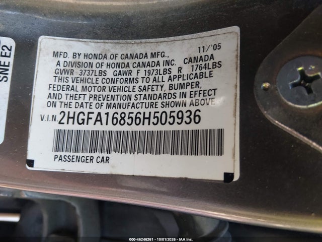 Aukcja sprzedaży 2006 Honda Civic Ex, vin: 2HGFA16856H505936, numer aukcji: 46246261