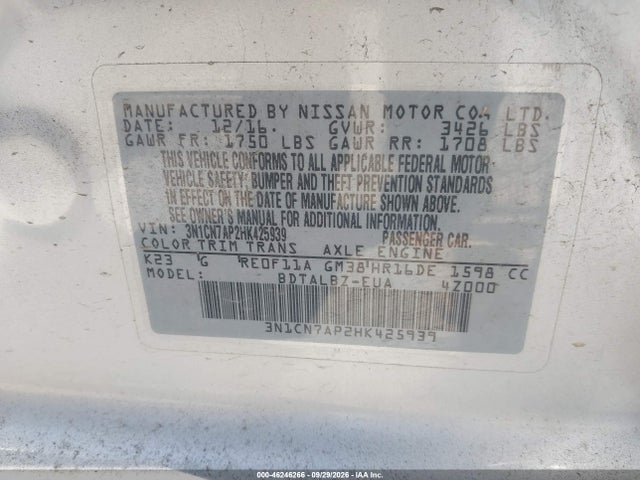 Aukcja sprzedaży 2017 Nissan Versa 1.6 Sv, vin: 3N1CN7AP2HK425939, numer aukcji: 46246266