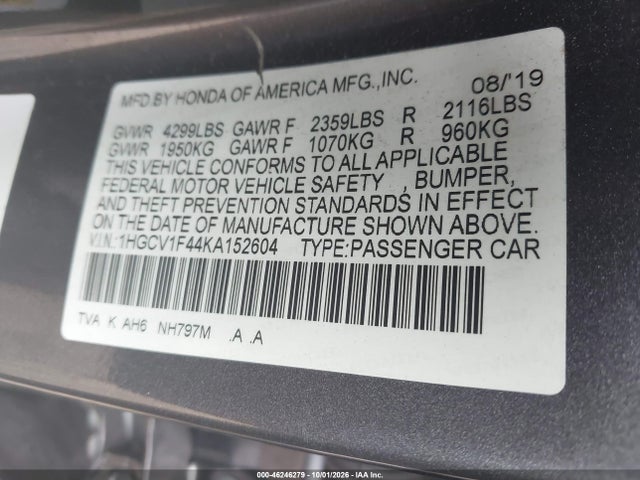 2019 Honda Accord Ex მანქანა იყიდება აუქციონზე, vin: 1HGCV1F44KA152604, აუქციონის ნომერი: 46246279