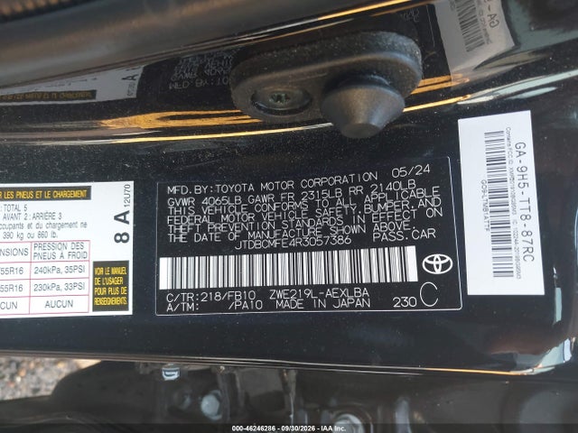 46246286 :رقم المزاد ، JTDBCMFE4R3057386 vin ، 2024 Toyota Corolla Hybrid Le مزاد بيع