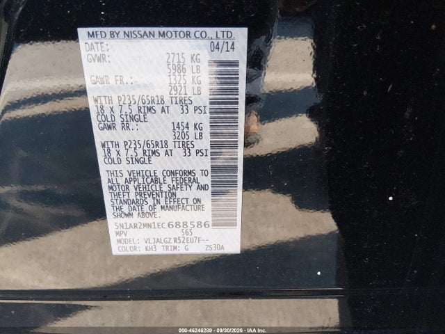 Aukcja sprzedaży 2014 Nissan Pathfinder Sl, vin: 5N1AR2MN1EC688586, numer aukcji: 46246289