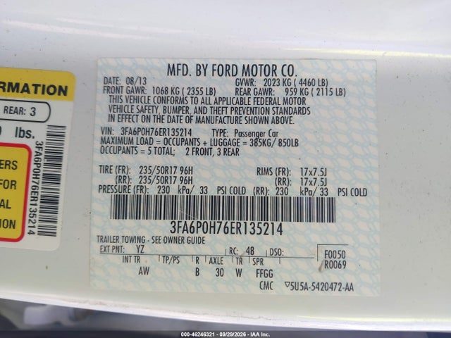 Продажа на аукционе авто 2014 Ford Fusion Se, vin: 3FA6P0H76ER135214, номер лота: 46246321