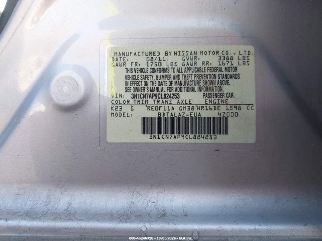 Продажа на аукционе авто 2012 Nissan Versa 1.6 S, vin: 3N1CN7AP9CL824253, номер лота: 46246326