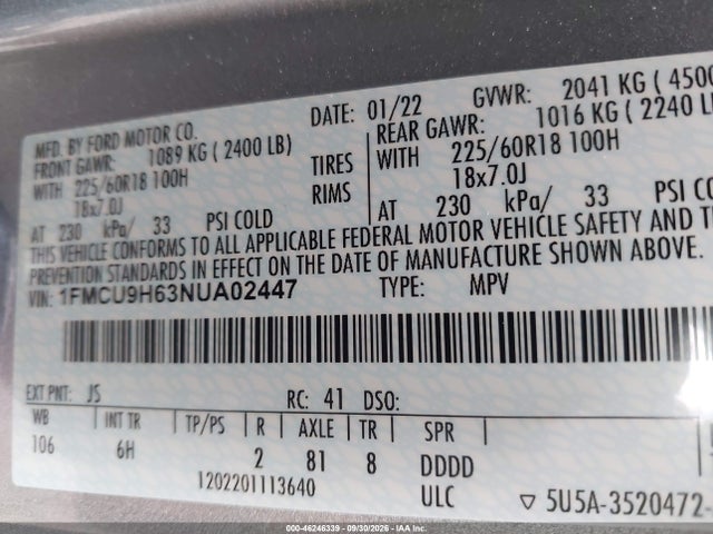 Aukcja sprzedaży 2022 Ford Escape Sel, vin: 1FMCU9H63NUA02447, numer aukcji: 46246339