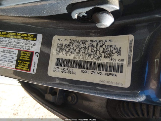 2012 Toyota Corolla Le მანქანა იყიდება აუქციონზე, vin: 5YFBU4EE3CP067064, აუქციონის ნომერი: 46246341