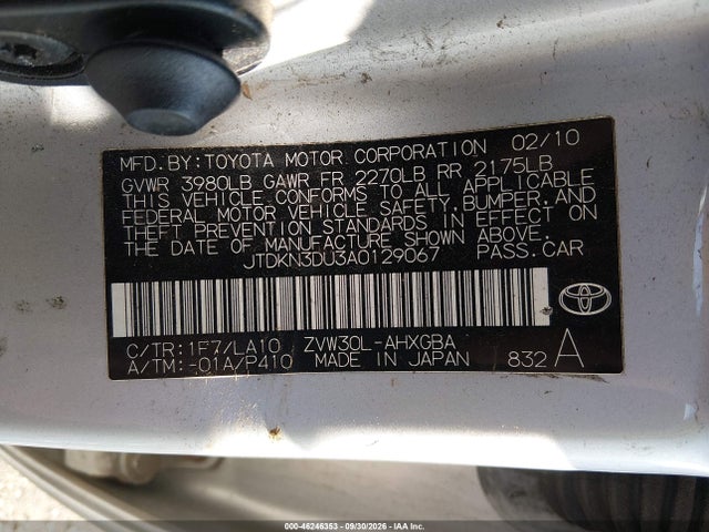 46246353 :رقم المزاد ، JTDKN3DU3A0129067 vin ، 2010 Toyota Prius Iv مزاد بيع