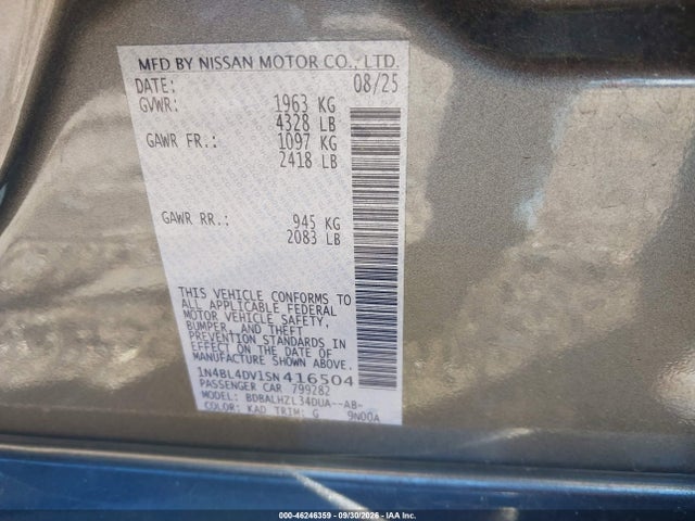 2025 Nissan Altima Sv Fwd მანქანა იყიდება აუქციონზე, vin: 1N4BL4DV1SN416504, აუქციონის ნომერი: 46246359