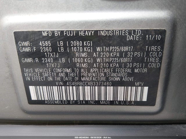 2011 Subaru Outback 2.5i Premium მანქანა იყიდება აუქციონზე, vin: 4S4BRBCCXB3373480, აუქციონის ნომერი: 46246364