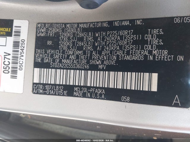 46246382 :رقم المزاد ، 5TDZA22C55S360246 vin ، 2005 Toyota Sienna Xle مزاد بيع