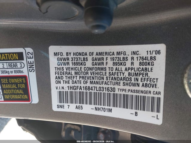 2007 Honda Civic Ex მანქანა იყიდება აუქციონზე, vin: 1HGFA16847L031630, აუქციონის ნომერი: 46246392